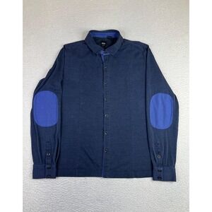 BOSS Hugo Boss Mens Large Blue Jersey Button Up Shirt Elbow Patches‎ Slim Fit